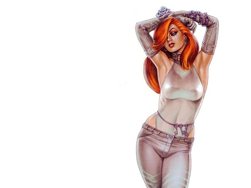 red-haired woman in silver outfit