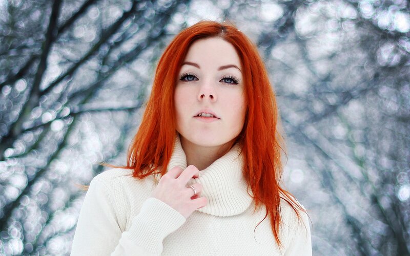 Red-haired Woman in Snow — Red, Cold, Winter, Photograph, Sweater