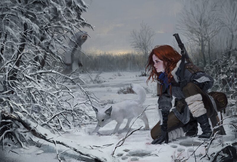 Red-haired Woman in Snow — White, Dramatic