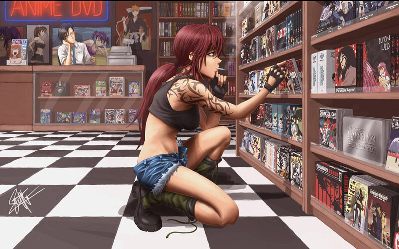 Red-haired Woman in Store — Red, Focused, Digital Art
