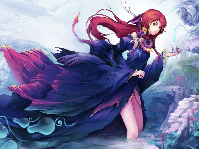 Red-haired Woman in Water — Purple, Serene, Digital Art