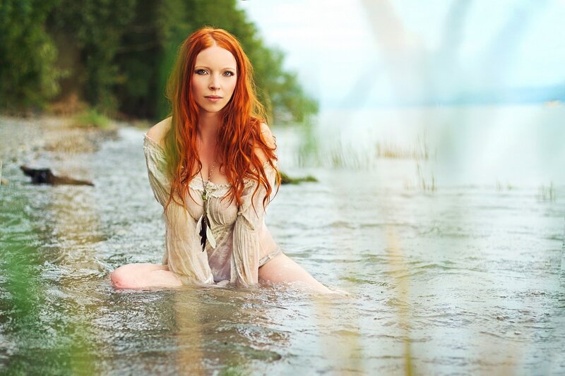 Red-haired Woman in Water — Red, Serene, Afternoon, Photograph