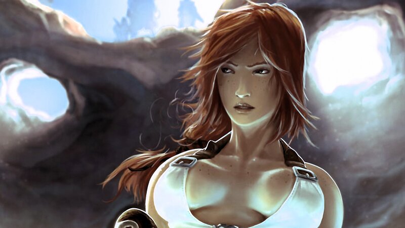 red-haired woman in white top