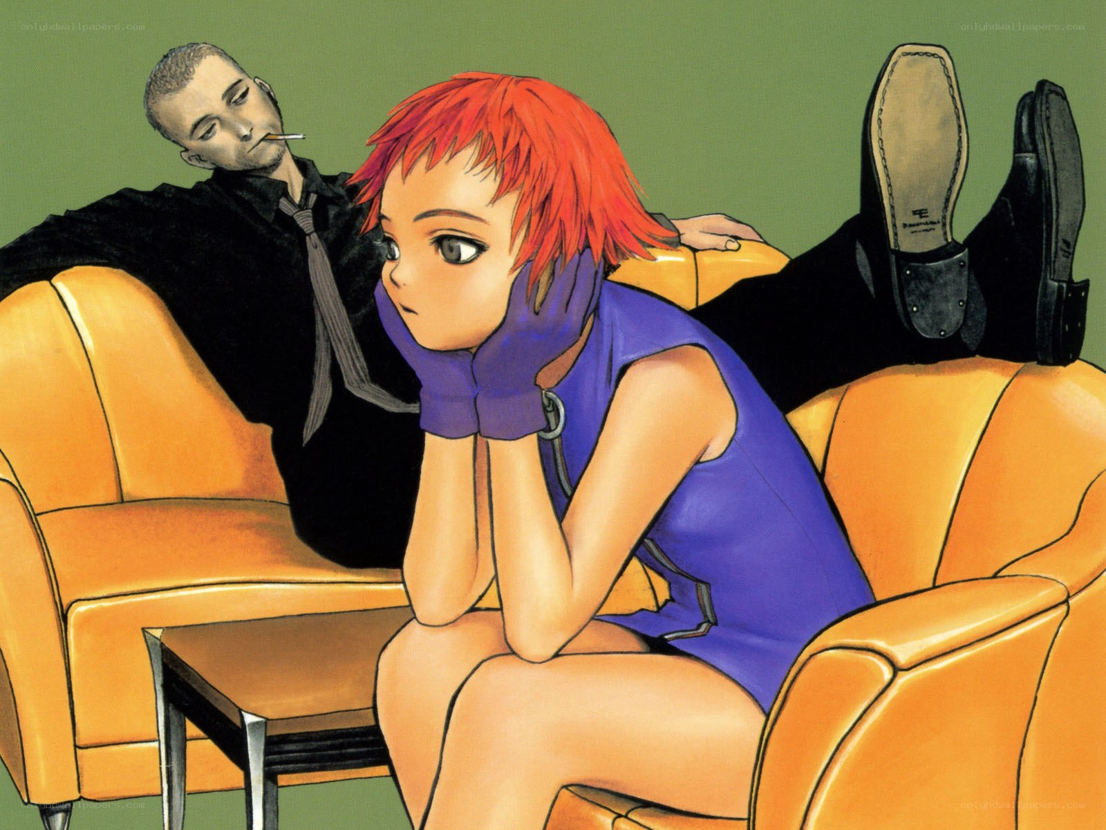 Red-haired woman on couch