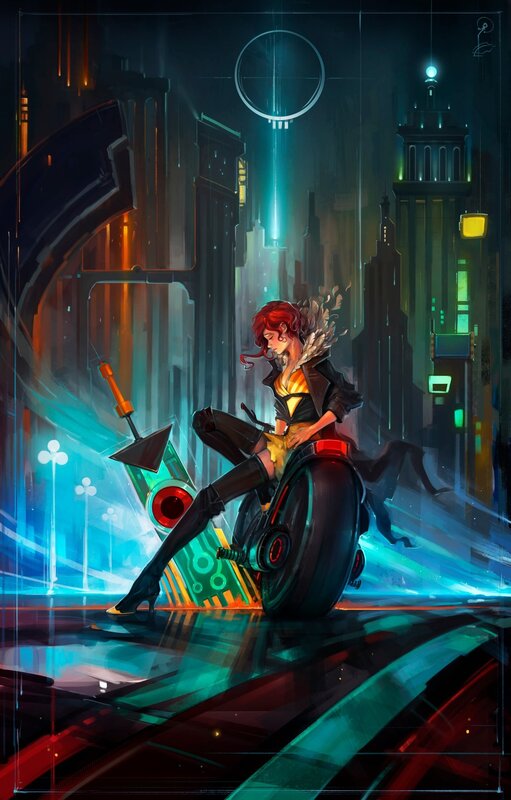 Red-haired Woman on Motorcycle — Blue