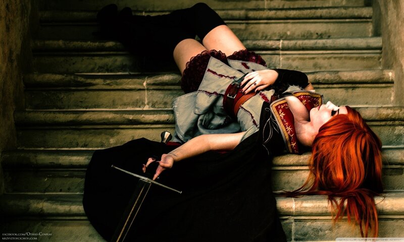 Red-haired Woman on Stairs — Red, Dramatic