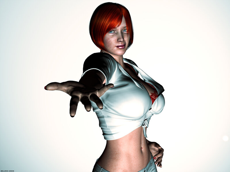 red-haired woman reaching forward