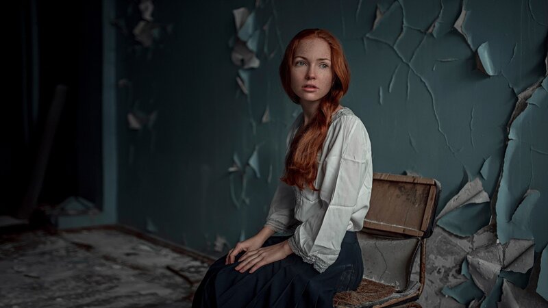 Red-haired Woman Sitting — Blue, Dramatic