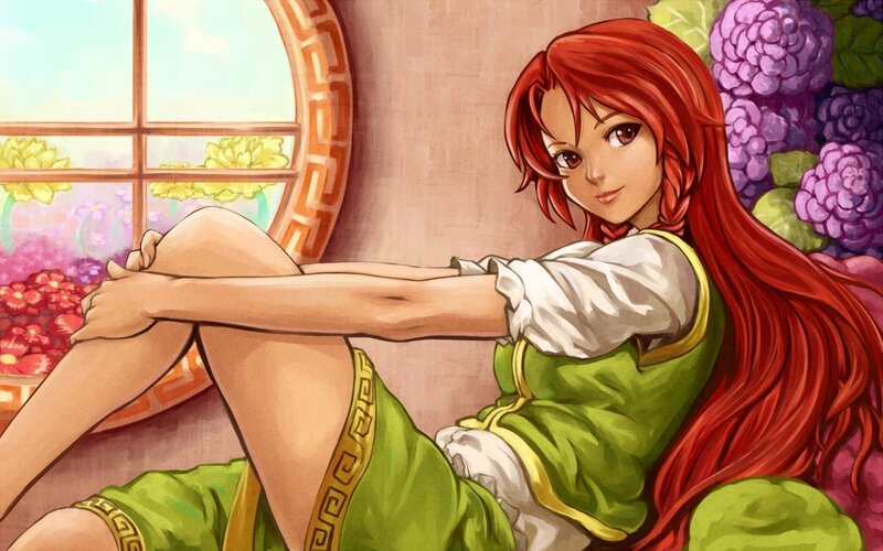 Red-haired Woman Sitting — Green, Calm