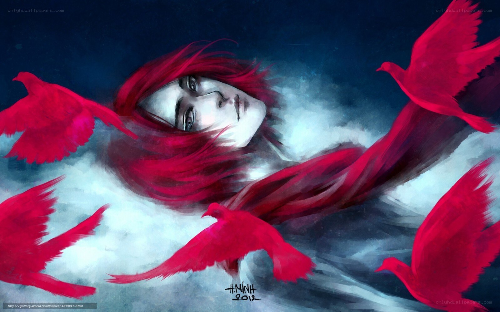 Red-haired woman with birds