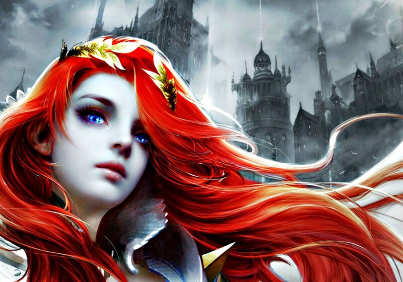 Red-haired Woman with Blue Eyes — Red, Dramatic, Digital Art, Castle