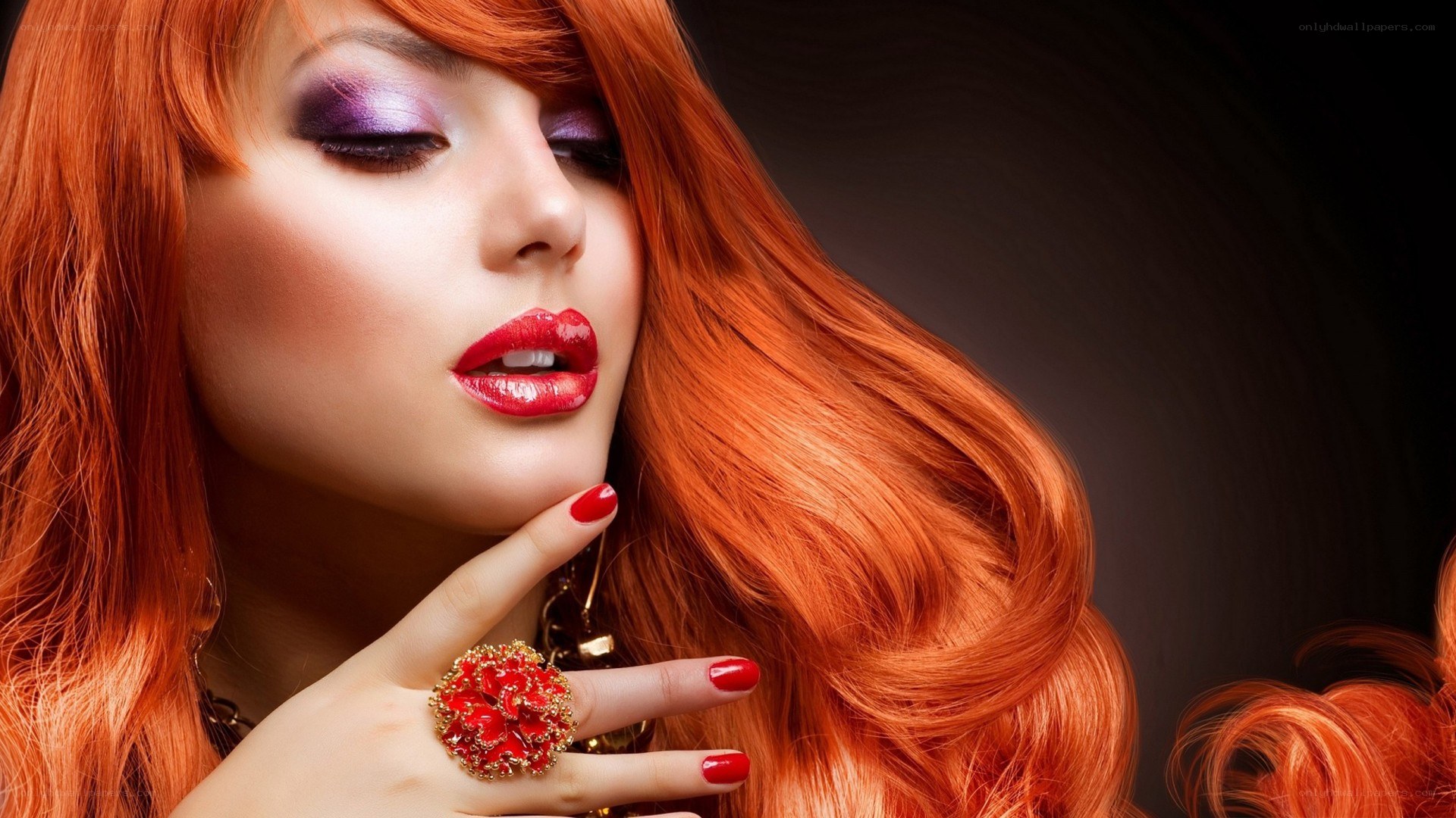 red-haired woman with bold makeup