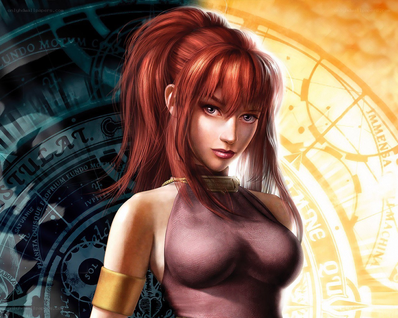 Red-haired woman with clock background