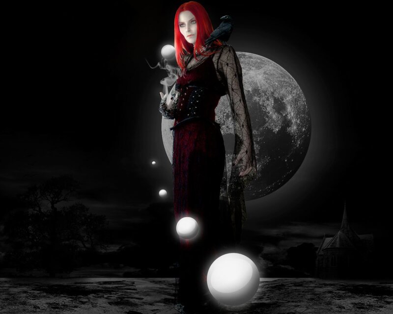 Red-haired woman with crow and moon
