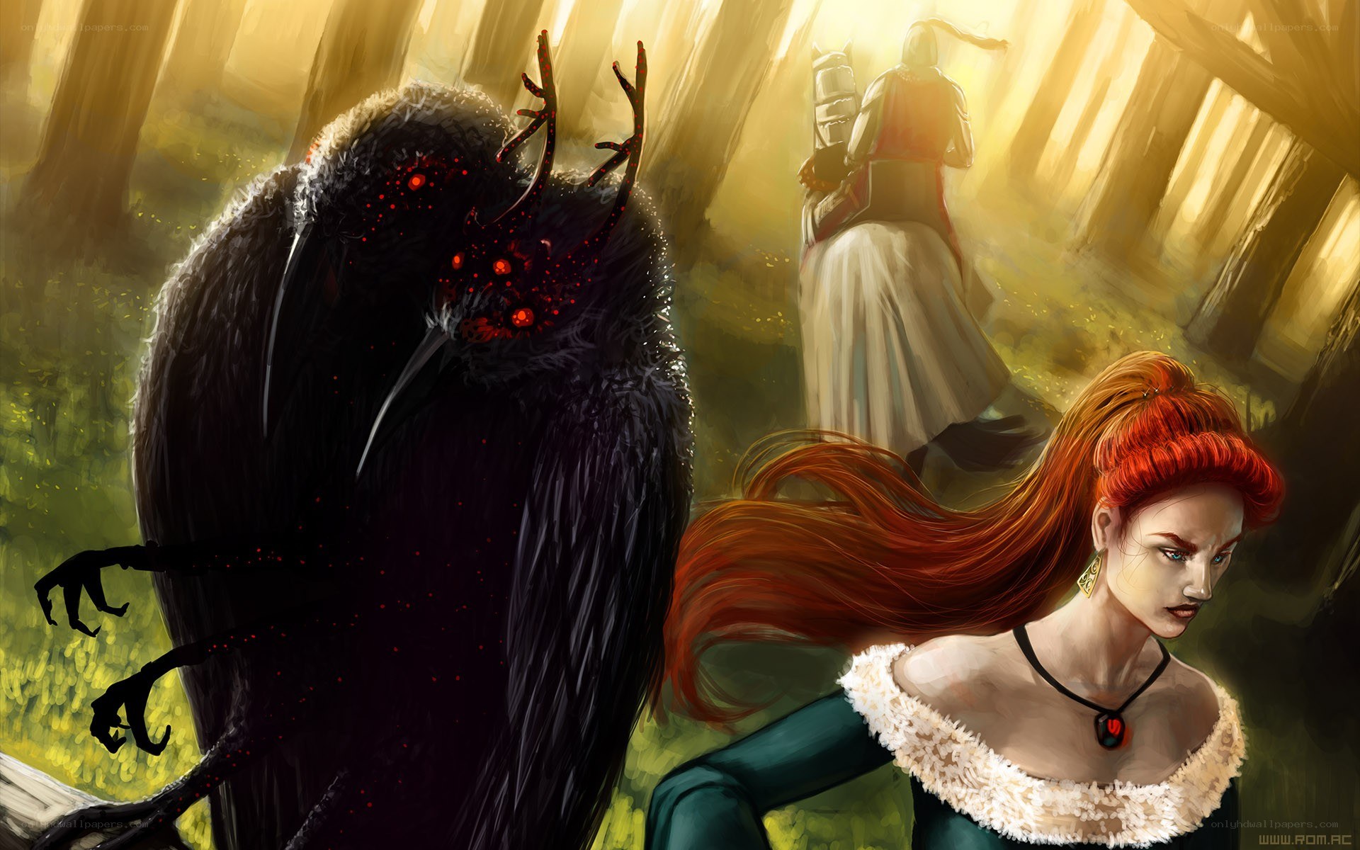 Red-haired woman with dark creature