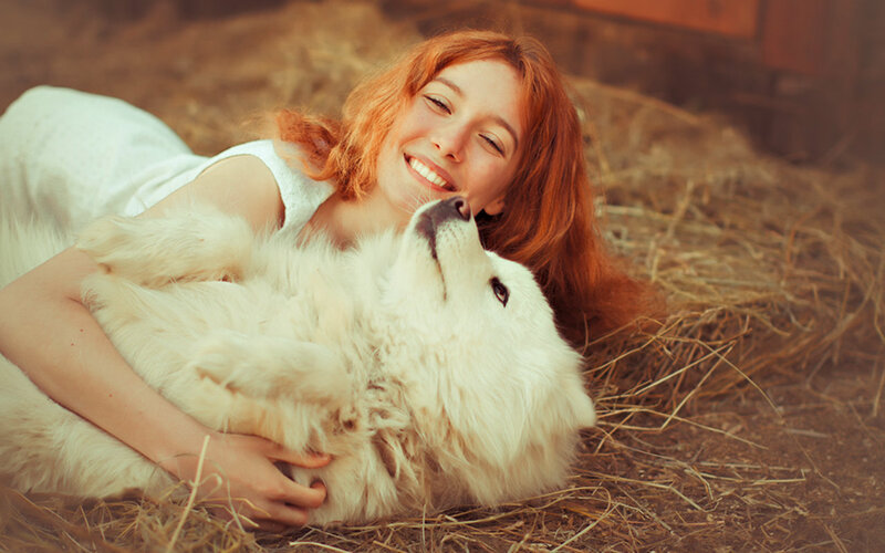 Red-haired Woman with Dog — White