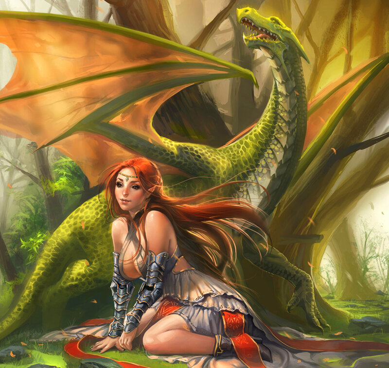 Red-haired Woman with Dragon — Green, Serene