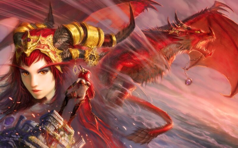 Red-haired Woman with Dragon — Red, Dramatic, Digital Art, Crown, Castle