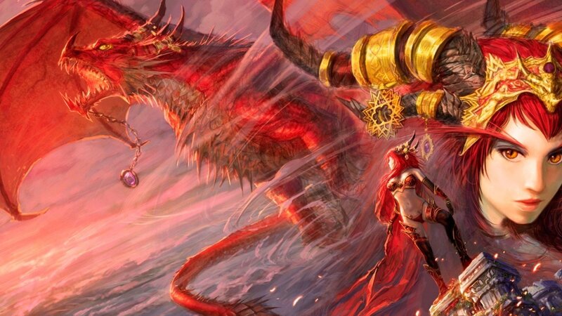 Red-haired Woman with Dragon — Red, Dramatic, Digital Art, Crown