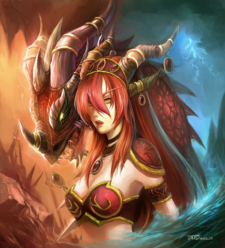 Red-haired Woman with Dragon — Red, Dramatic, Digital Art, Lightning