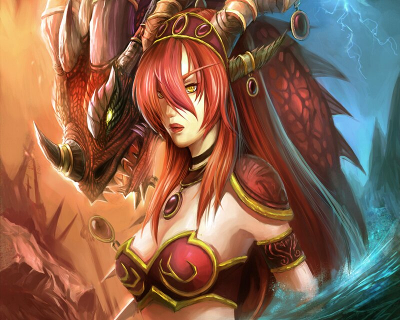 Red-haired Woman with Dragon — Red, Dramatic, Digital Art