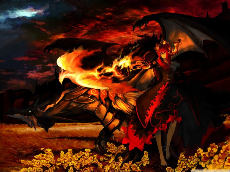 Red-haired Woman with Dragon — Red, Dramatic, Night