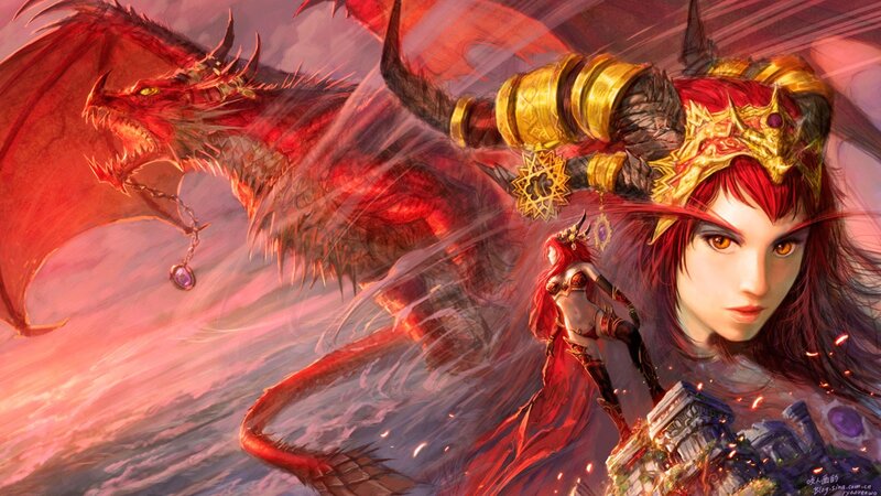 Red-haired Woman with Dragon — Red, Dramatic, Sunset, Digital Art