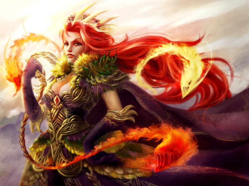 Red-haired Woman with Fire — Red, Dramatic, Digital Art, Feathered Collar