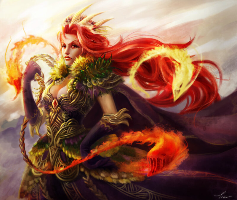 Red-haired Woman with Fire — Red, Dramatic, Digital Art