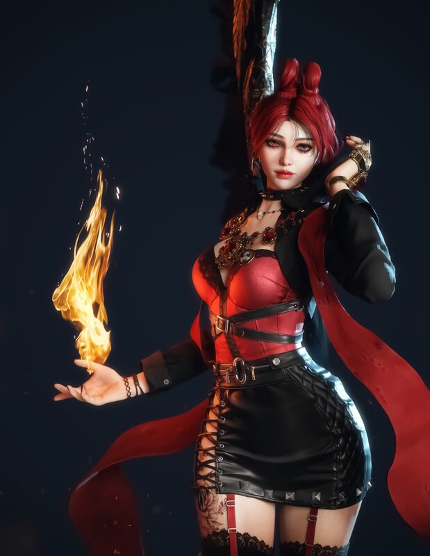 Red-haired Woman with Fire — Red, Dramatic, Night, 3d Render