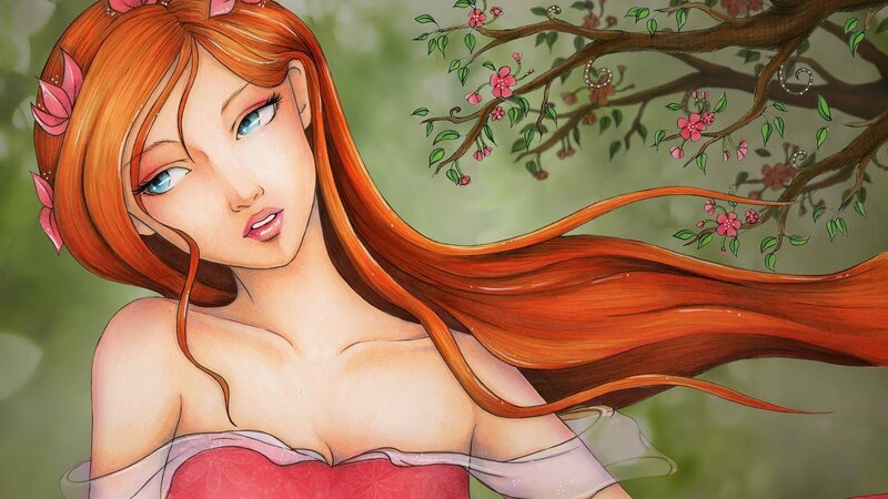 Red-haired Woman with Flowers — Red, Serene, Spring