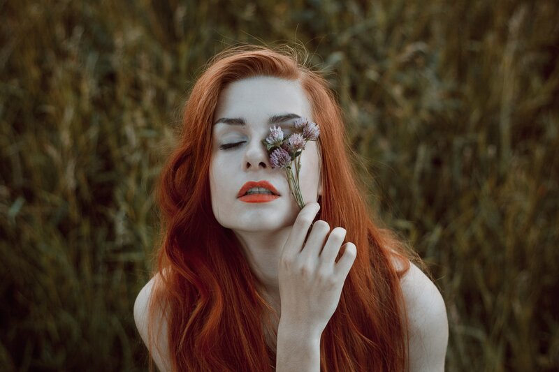 Red-haired Woman with Flowers — Red, Serene