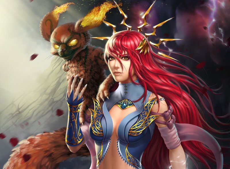 Red-haired Woman with Fox — Red, Dramatic, Digital Art, Crown