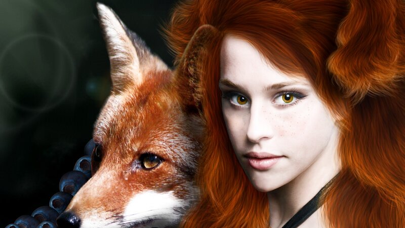 Red-haired Woman with Fox — Red, Dramatic, Digital Art, Freckles