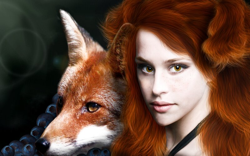 Red-haired Woman with Fox — Red, Dramatic, Digital Art