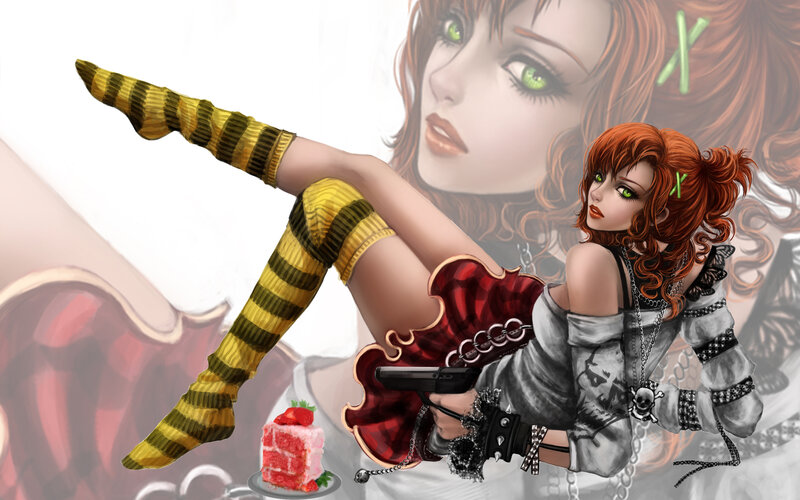 Red-haired Woman with Gun — Red, Dramatic, Digital Art, Cake