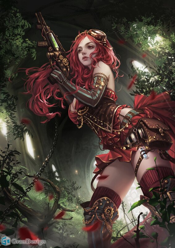 Red-haired Woman with Gun — Red, Dramatic, Digital Art, Forest