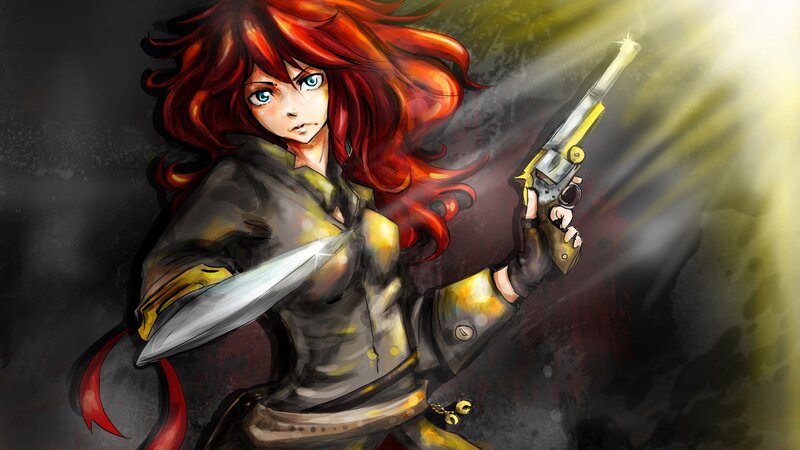 Red-haired Woman with Gun — Red, Dramatic, Digital Art, Knife