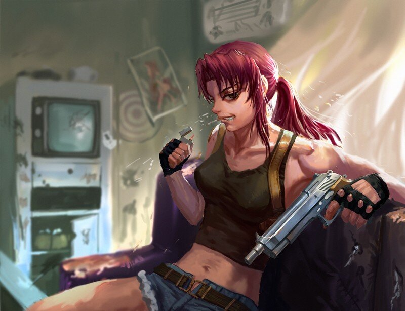 Red-haired woman with guns