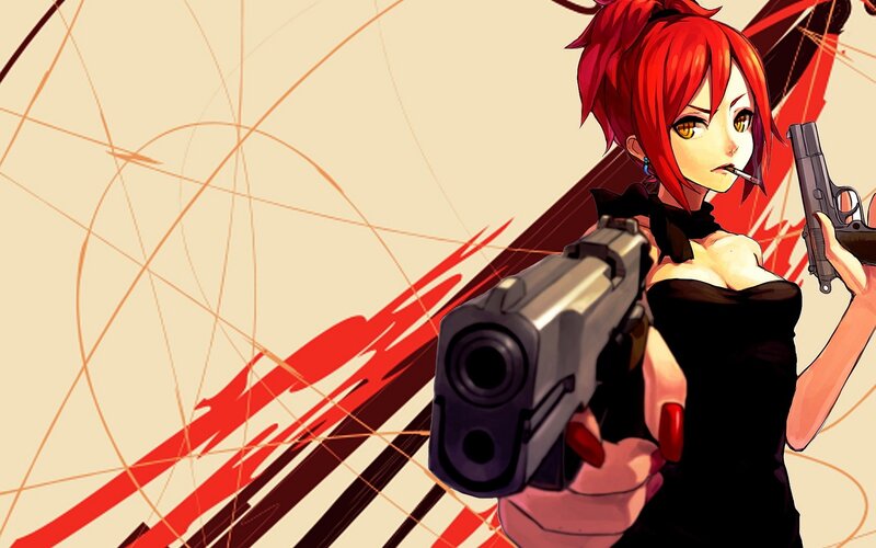 Red-haired Woman with Guns — Red, Dramatic