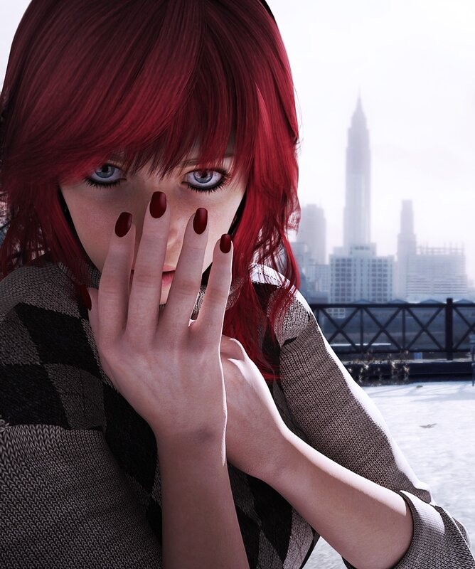 red-haired woman with hand over face