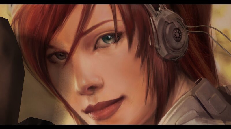 red-haired woman with headphones