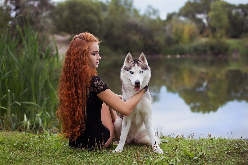 Red-haired Woman with Husky
