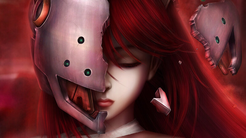 Red-haired Woman with Mask — Red, Dramatic, Digital Art