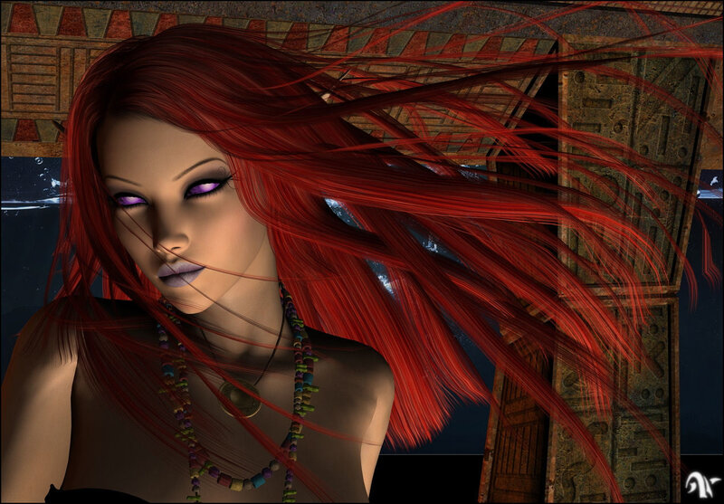 red-haired woman with purple eyes