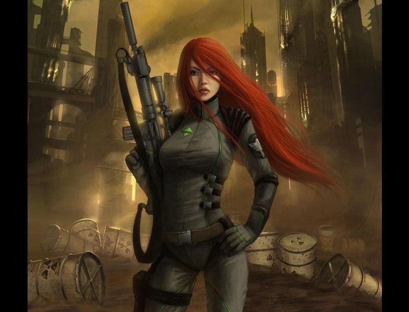 Red-haired Woman with Rifle — Gray