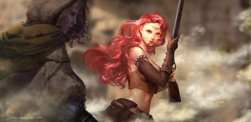 Red-haired Woman with Rifle — Red, Dramatic, Digital Art