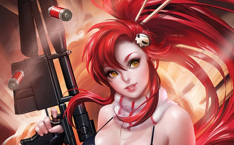 Red-haired Woman with Rifle — Red, Dramatic