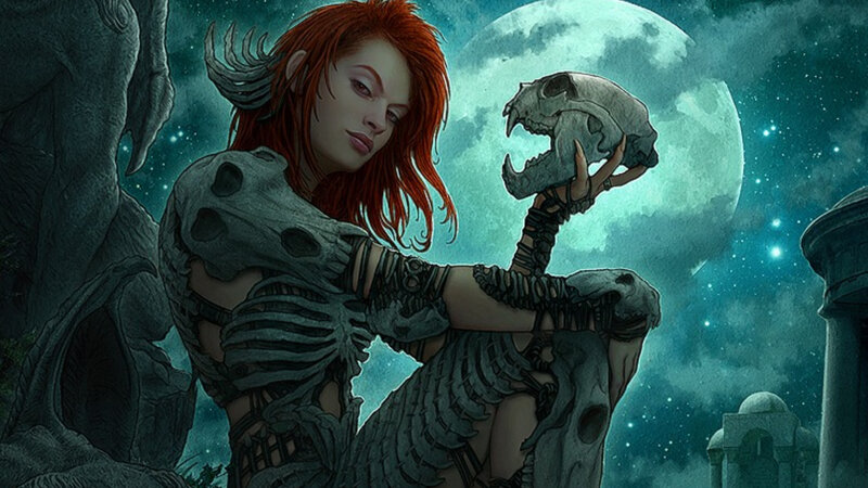 Red-haired Woman with Skull — Teal