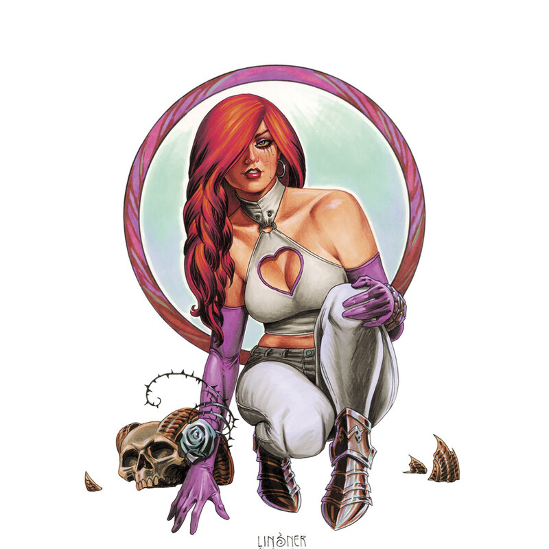 red-haired woman with skull